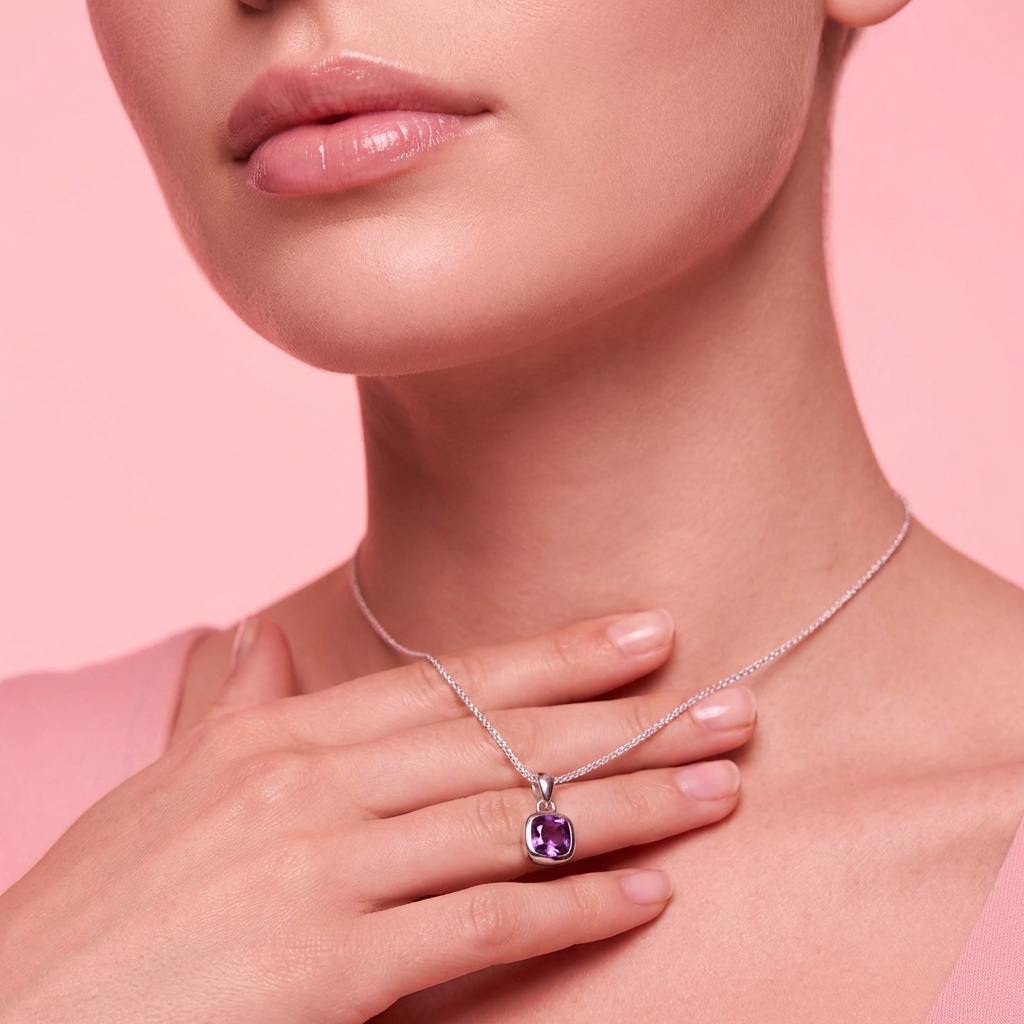 Collar Soga 50 cm con Dije Cuadrado de Amatista - Plata 925